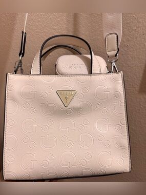 GUESS Cream Embossed Logo Crossbody Tote